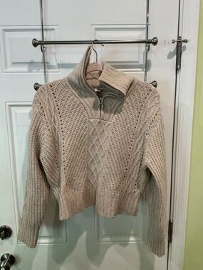 Sincerely Jules Cream Cable-Knit Half-Zip Turtleneck Sweater